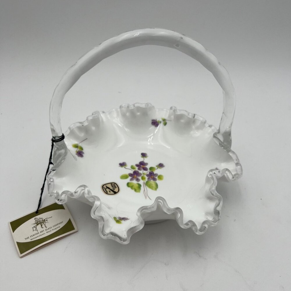 Fenton Vintage Violets In The Snow Hand Painted Basket Dish Silver Crest